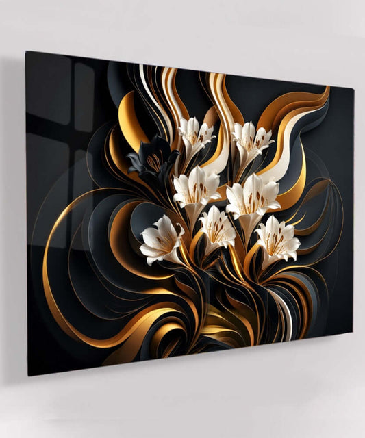 Glas Schilderij abstracte bloemen – Gold & Black Elegance op acrylglas met moderne bloementhema.