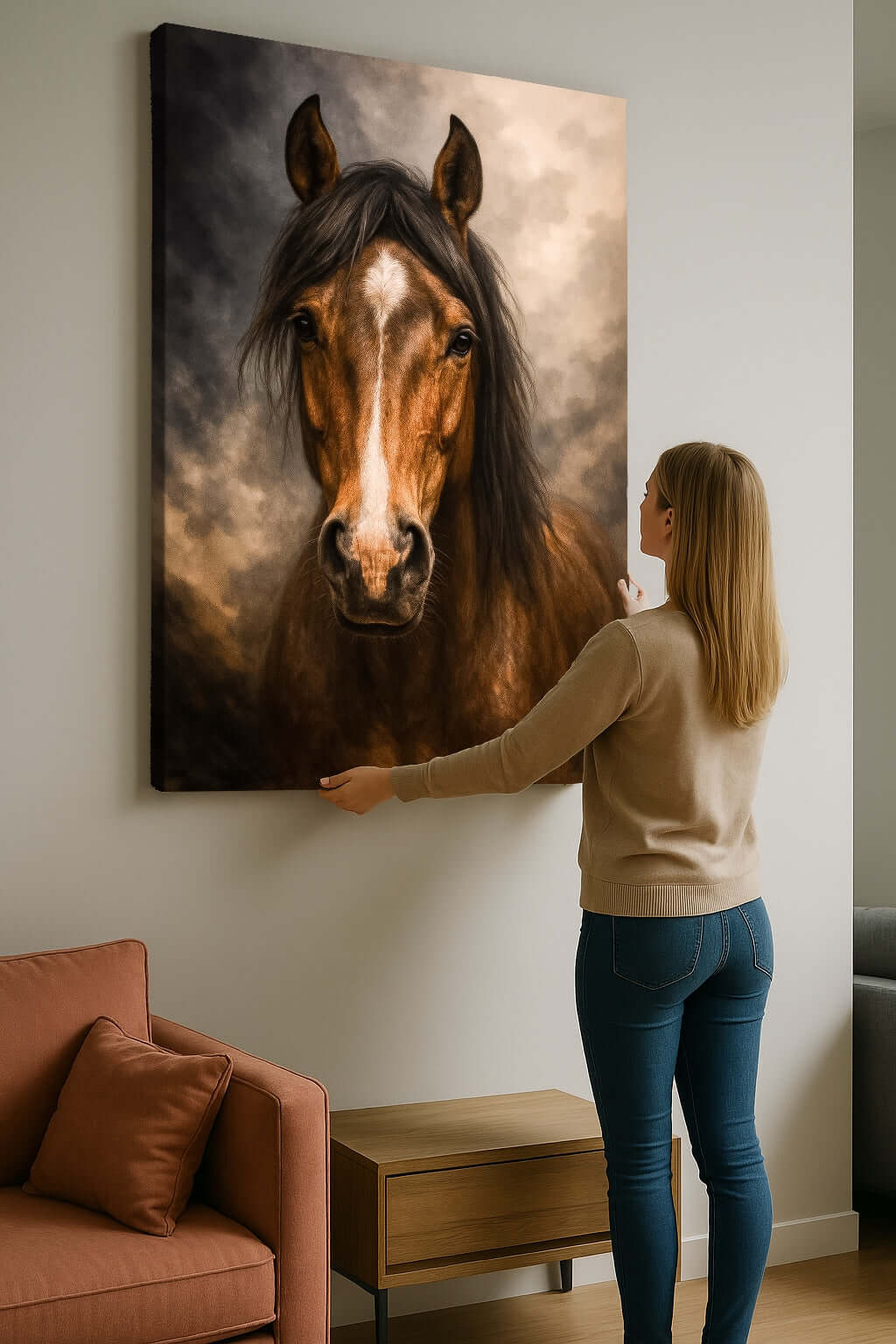 Vrouw die het Canvas Schilderij Koninklijk Paard bewondert in een moderne woonkamer.