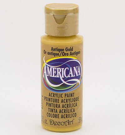 Antique Gold Americana acrylic paint bottle from Americana DecoArt, ideal for art and home decor projects.