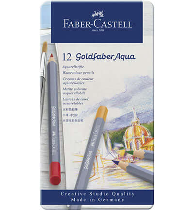 Faber Castell Goldfaber aquarelpotloden set van 12 met aquarelfoto's en creatieve projecten.