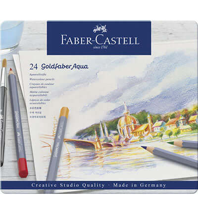 Faber Castell Goldfaber aquarelpotloden set met 24 kleuren voor artistieke creaties en hobbyprojecten.