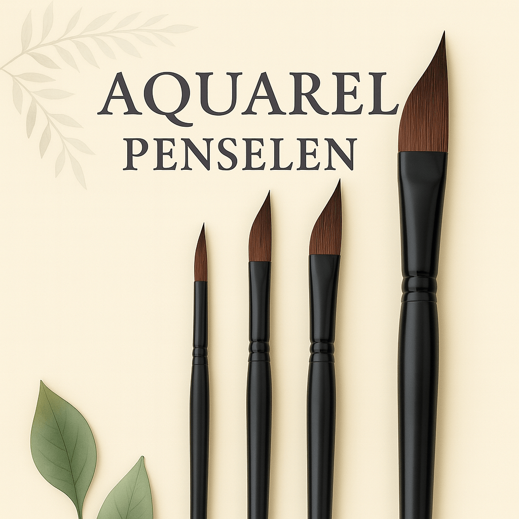 Aquarelpenselen Set met vier aquarelpenselen in verschillende maten op een lichte achtergrond.