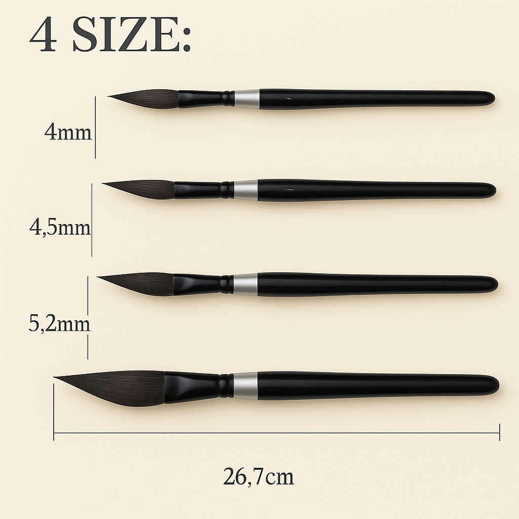 Aquarelpenselen set met 4 schuine punt penselen in verschillende maten voor precisiewerk.