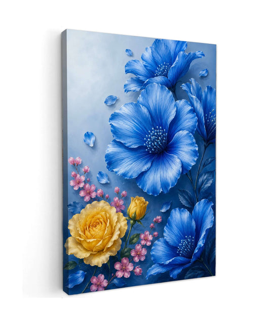 Blauw Bloemen Canvas Schilderij met Gouden Roos