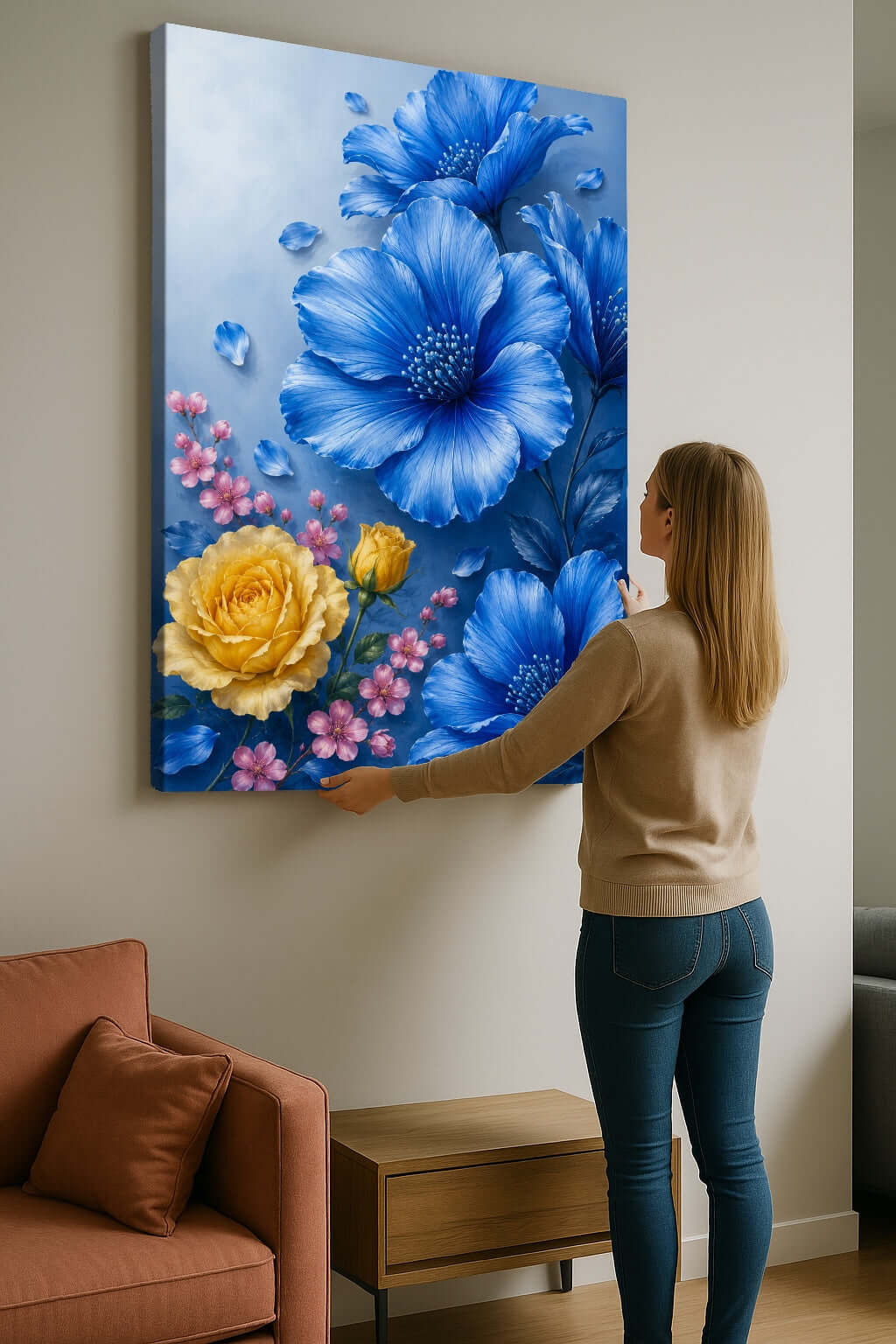 Blauw Bloemen Canvas Schilderij met Gouden Roos