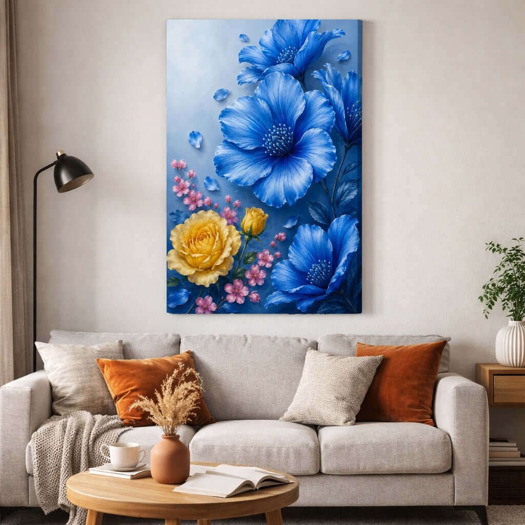 Blauw Bloemen Canvas Schilderij met Gouden Roos
