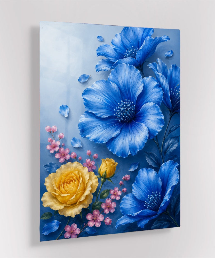 Blauw Bloemen Glas Schilderij met Gouden Roos