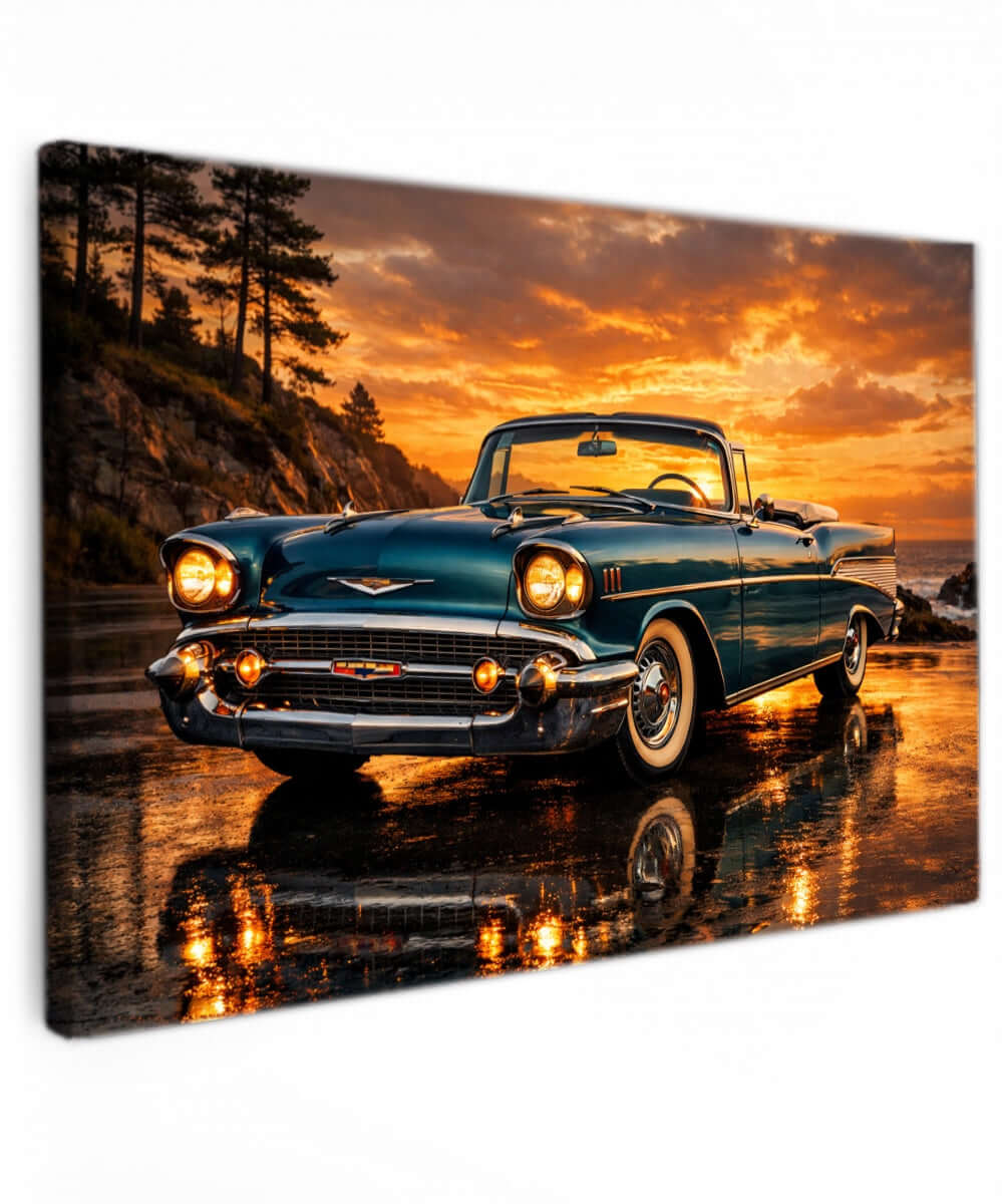 Canvas Schilderij 1957 Chevrolet Bel Air Cabrio Zonsondergang Strand