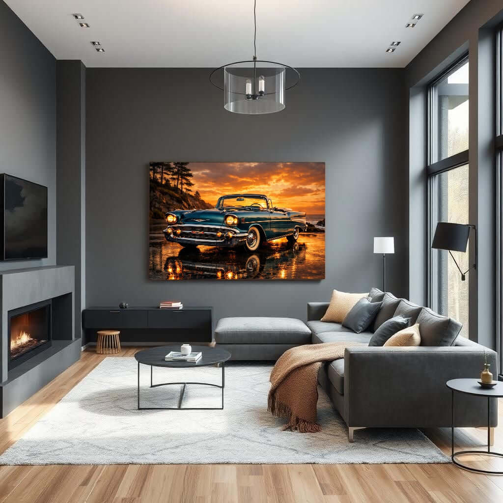 Canvas Schilderij 1957 Chevrolet Bel Air Cabrio Zonsondergang Strand woonkamer