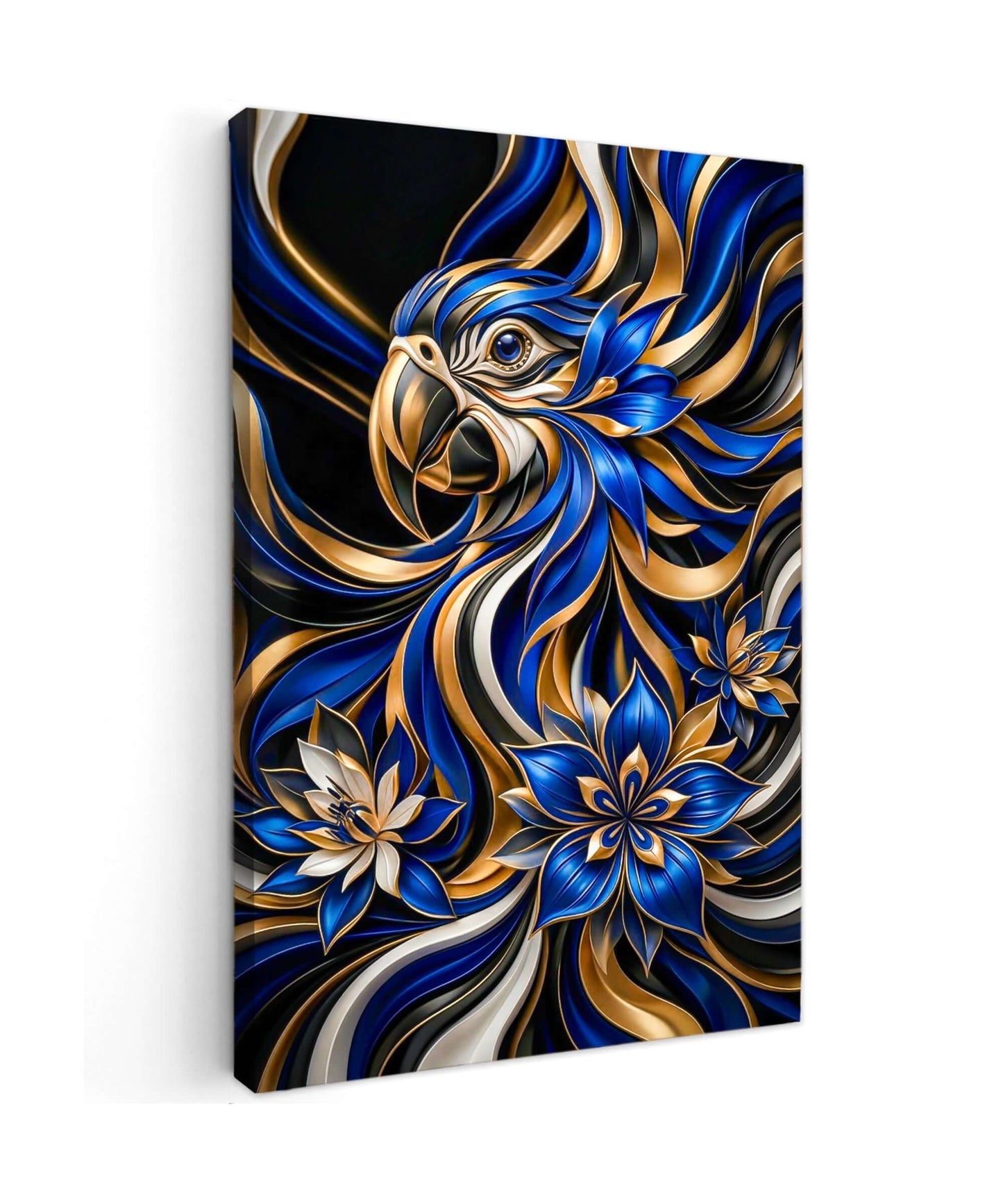 Canvas Schilderij Blauwe Ara Papegaai met Gouden Lotus Bloemen