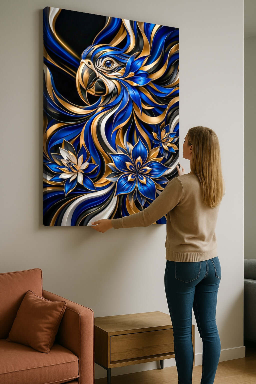 Canvas Schilderij Blauwe Ara Papegaai met Gouden Lotus Bloemen ophangen