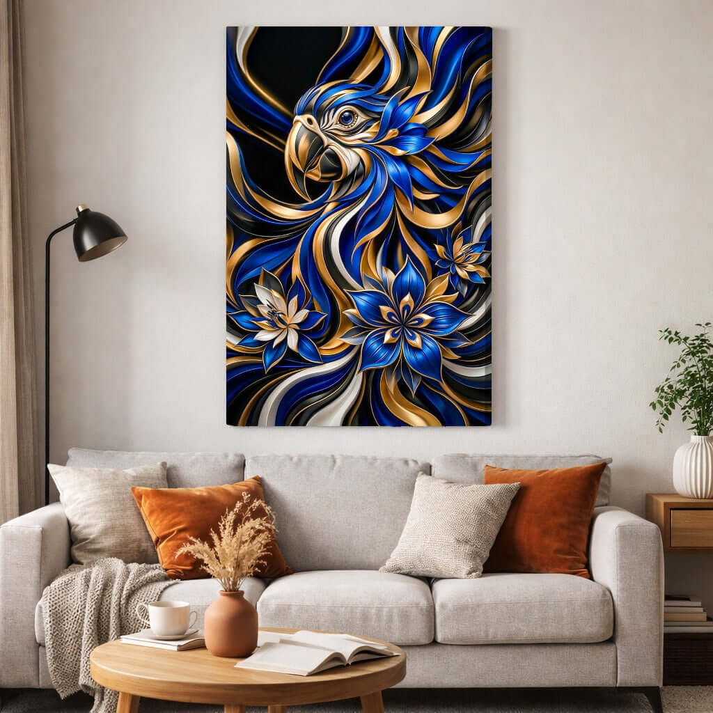 Canvas Schilderij Blauwe Ara Papegaai met Gouden Lotus Bloemen woonkamer
