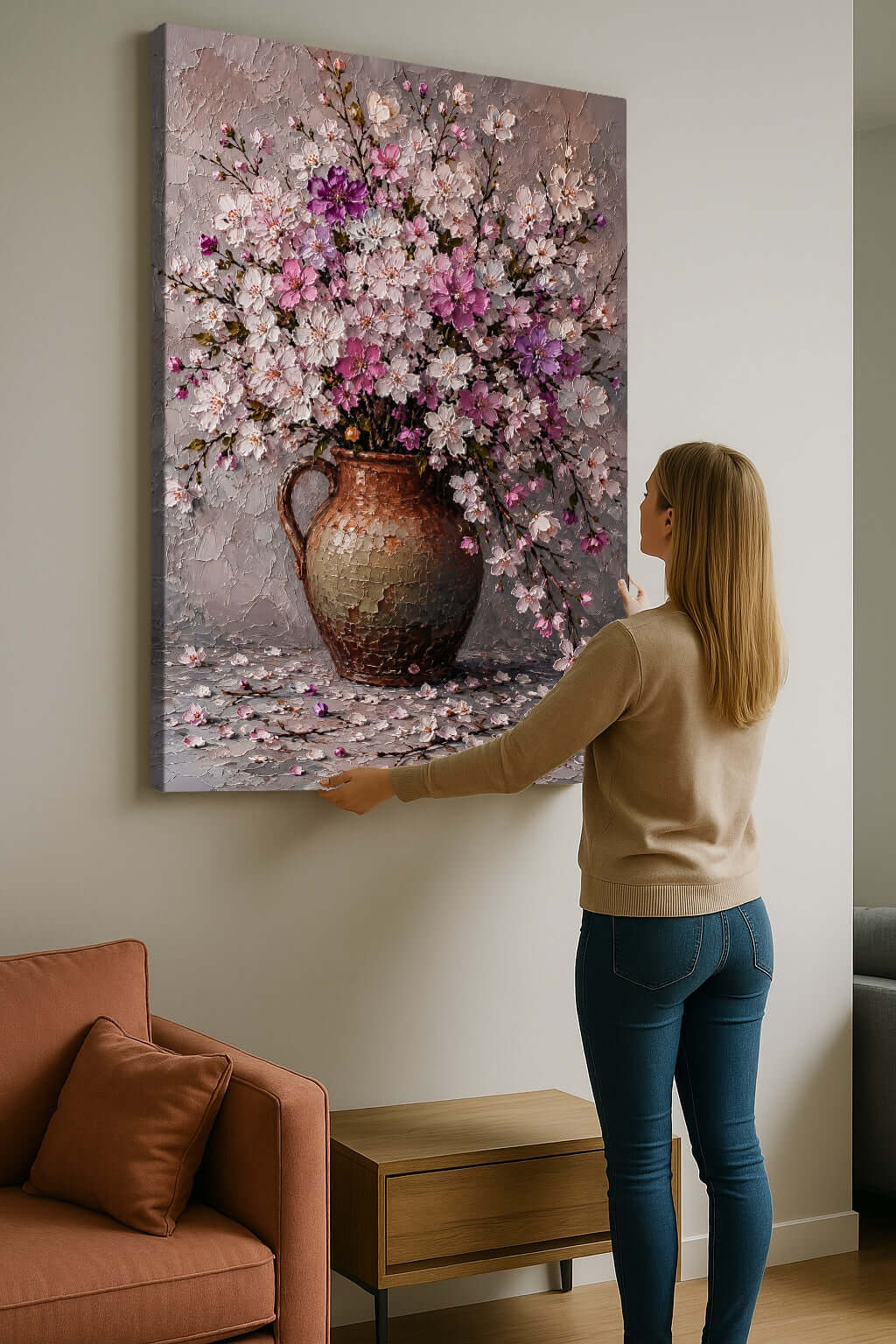 Canvas Schilderij Bloesem vaas – Roze en Lila Bloemen