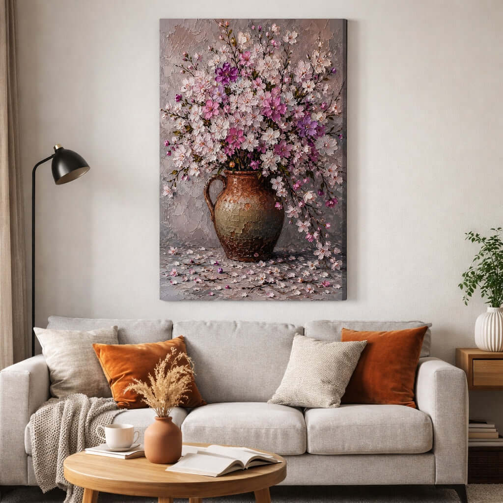 Canvas Schilderij Bloesem vaas – Roze en Lila Bloemen
