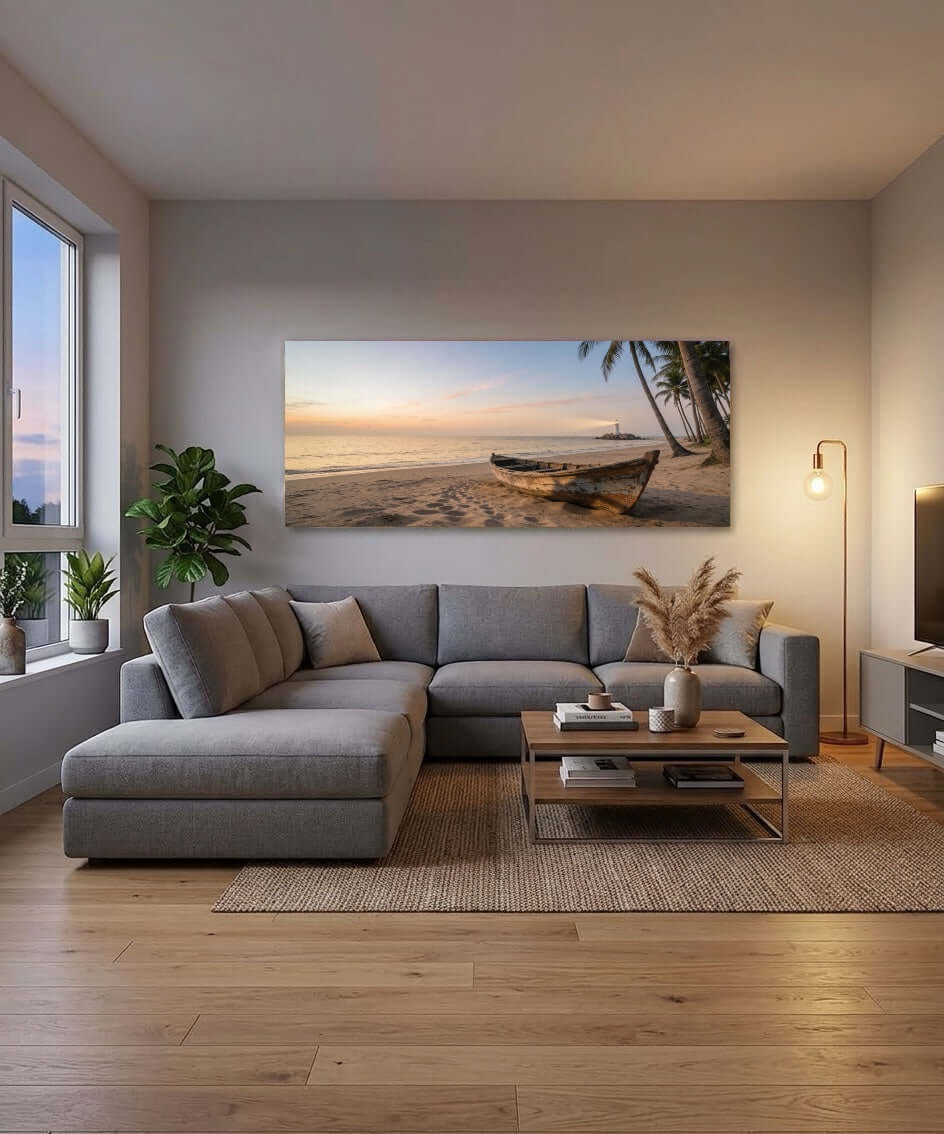 Canvas Schilderij Boot op Tropisch Strand woonkamer