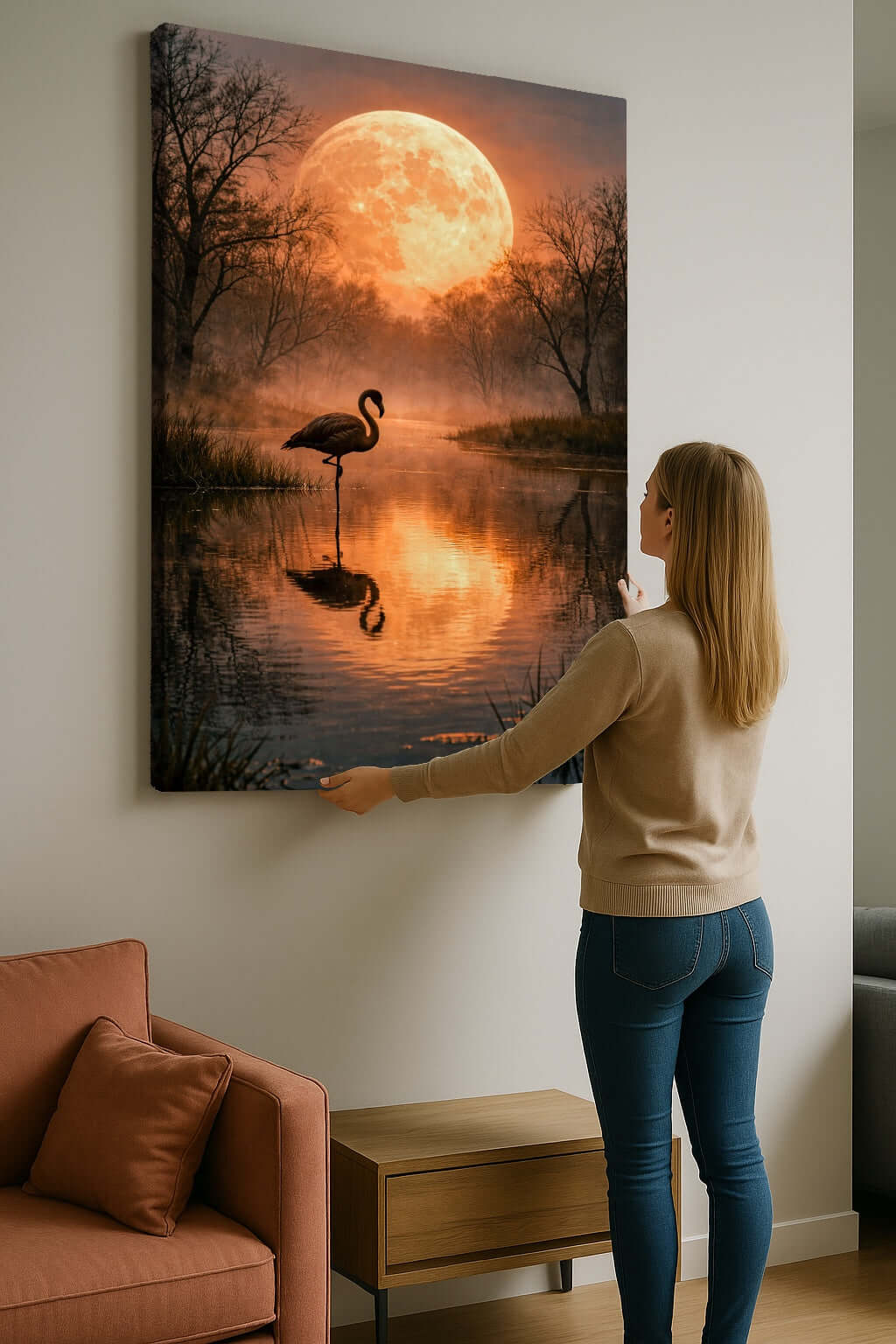Canvas Schilderij Flamingo Volle Maan ophangen