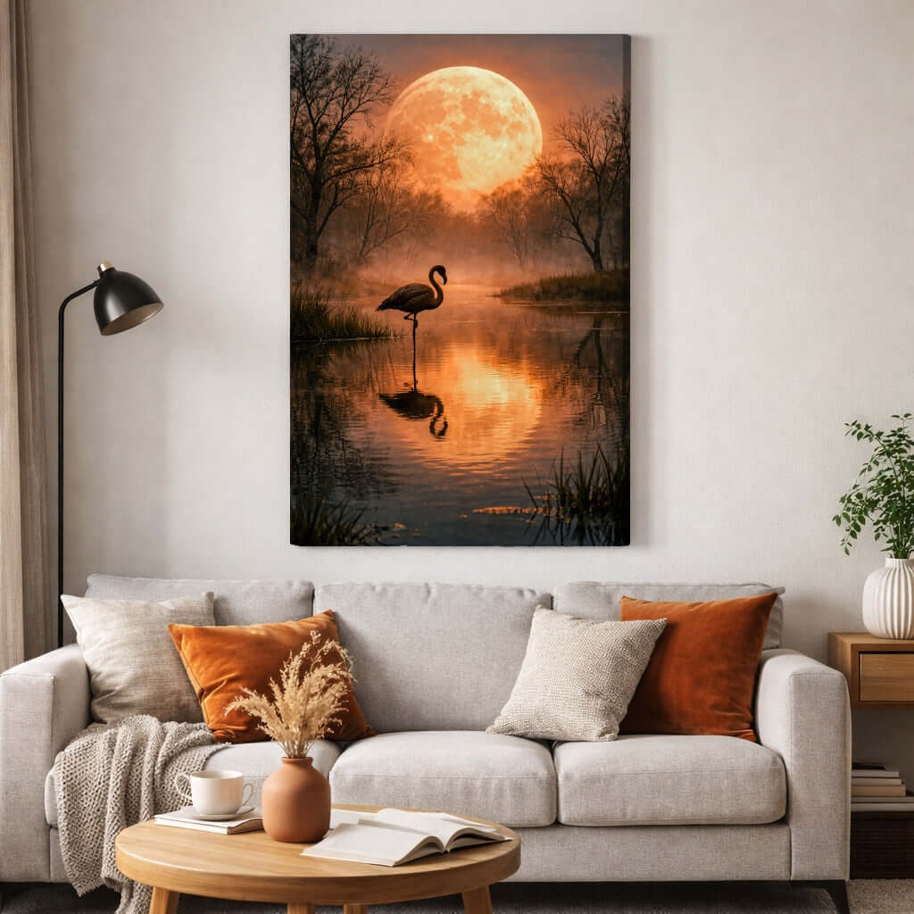 Canvas Schilderij Flamingo Volle Maan woonkamer