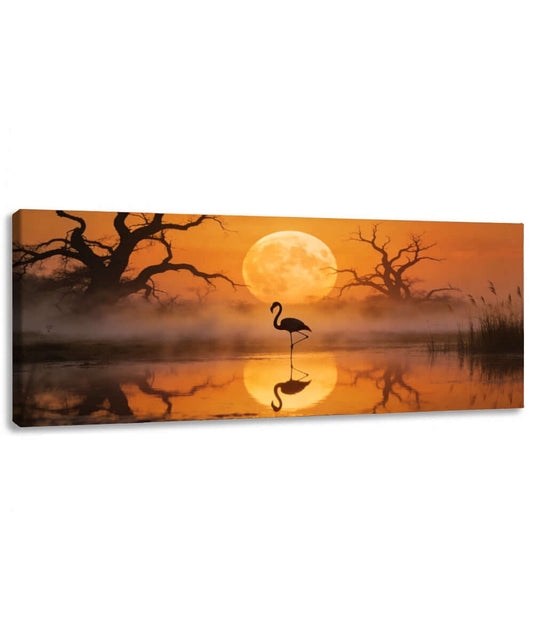 Canvas Schilderij Flamingo bij Zonsondergang met Volle Maan