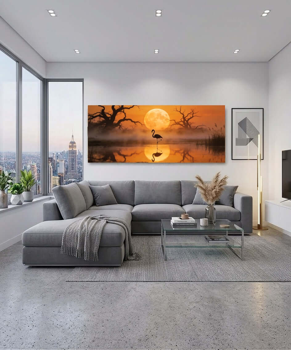 Canvas Schilderij Flamingo bij Zonsondergang met Volle Maan modern