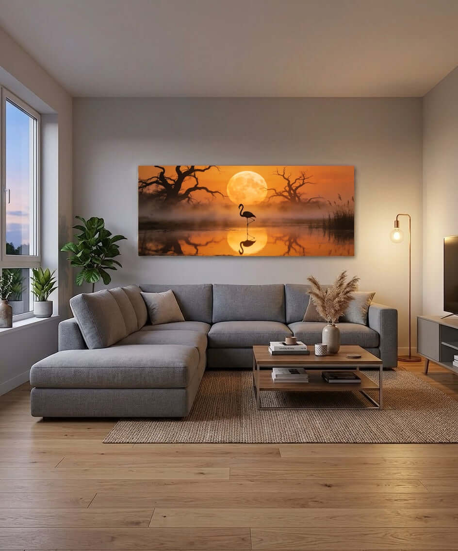Canvas Schilderij Flamingo bij Zonsondergang met Volle Maan woonkamer