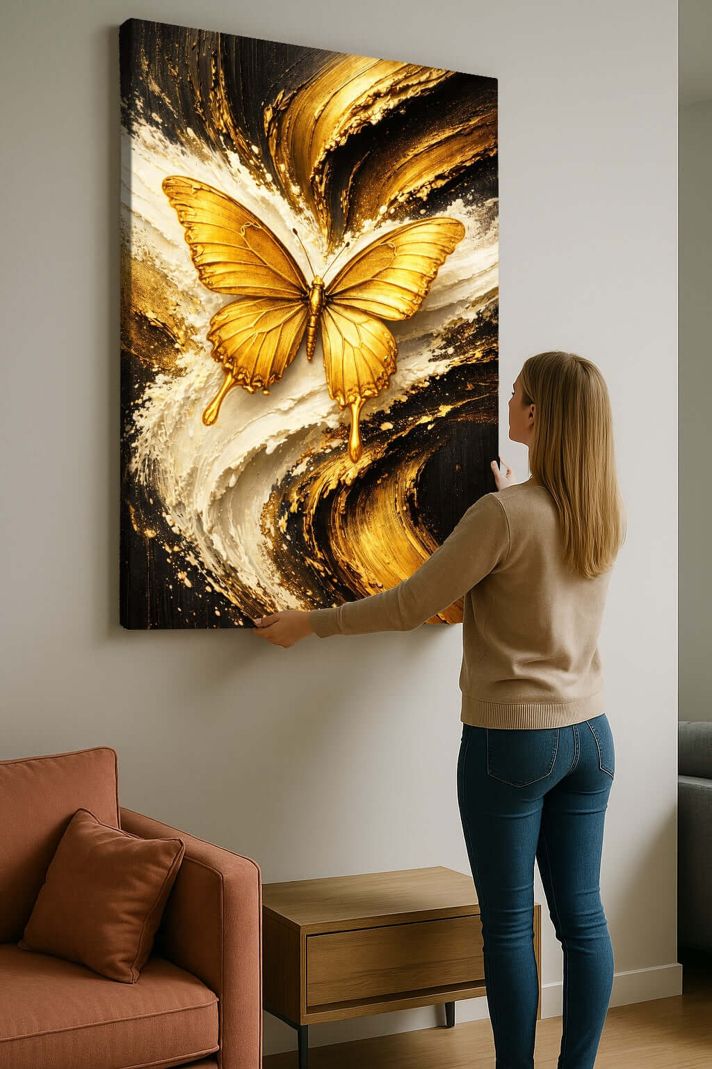 Canvas Schilderij Gouden Vlinder Abstract ophangen