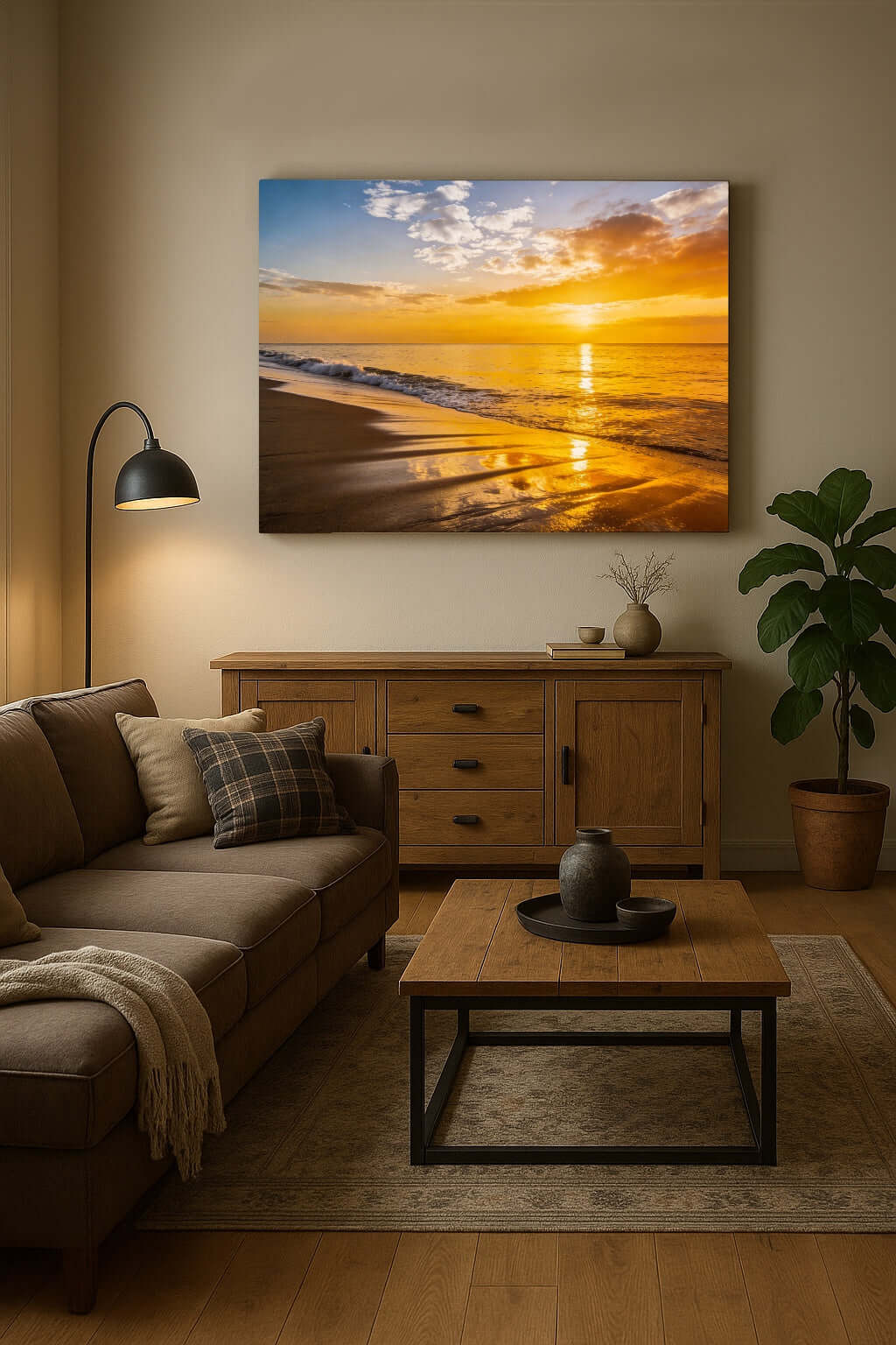 Canvas Schilderij Gouden Zon en Reflectie op Zandstrand woonkamer
