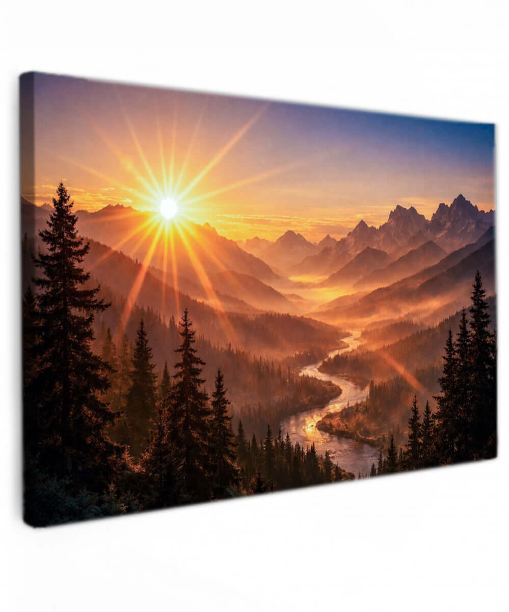 Canvas Schilderij Gouden Zonsondergang Bergen