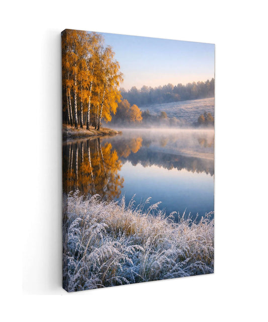 Canvas Schilderij Landschap Berkenbos Mistig Meer