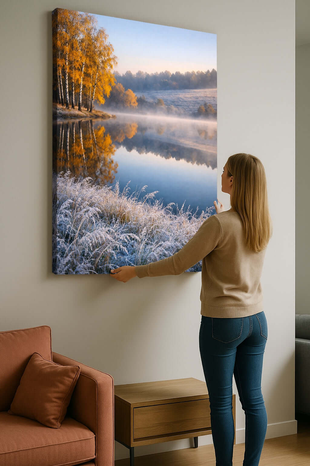 Canvas Schilderij Landschap Berkenbos Mistig Meer