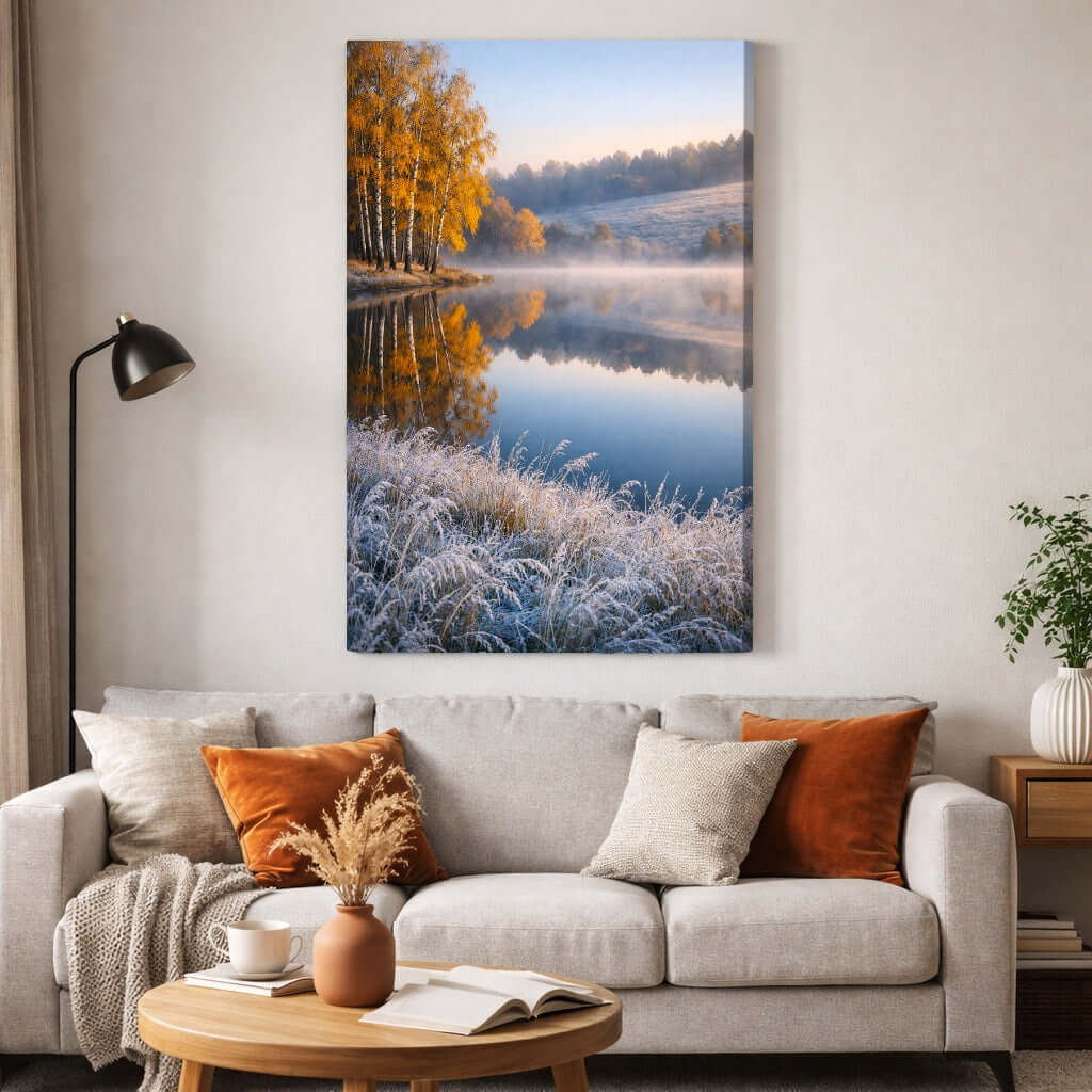 Canvas Schilderij Landschap Berkenbos Mistig Meer