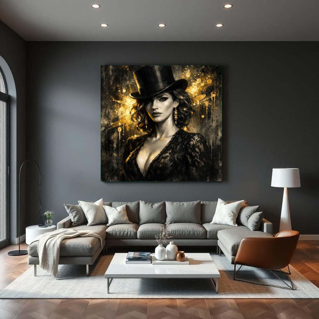 Canvas Schilderij Mysterieus Gouden Vrouw Top Hat woonkamer