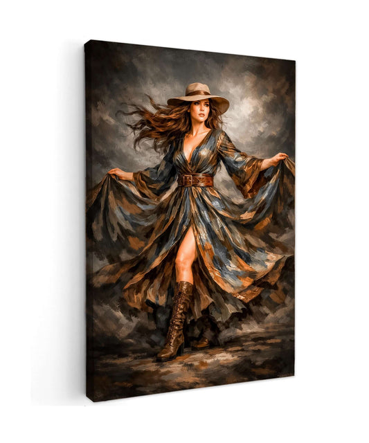 Canvas Schilderij Mystieke Brunette Hoed Lange Jurk Wolken