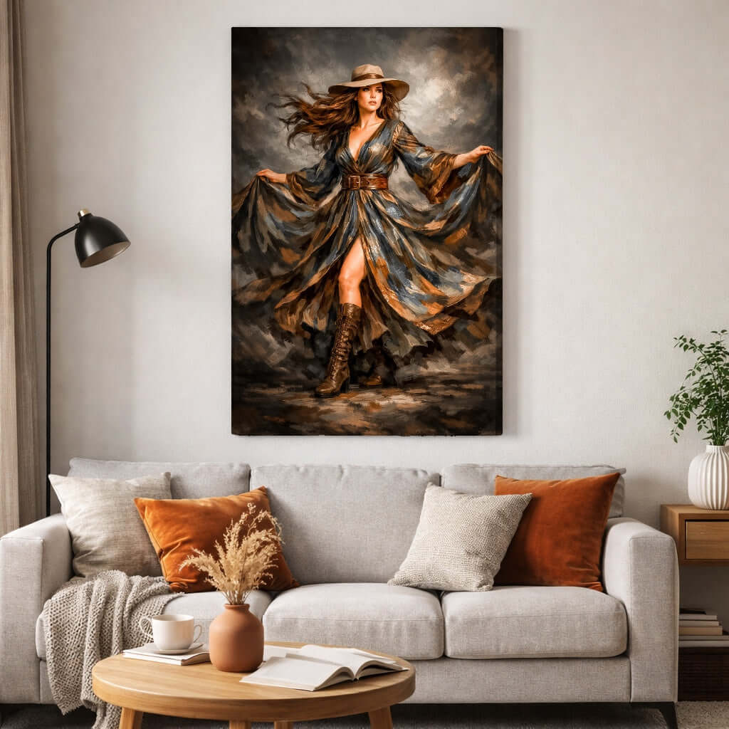 Canvas Schilderij Mystieke Brunette Hoed Lange Jurk Wolken woonkamer