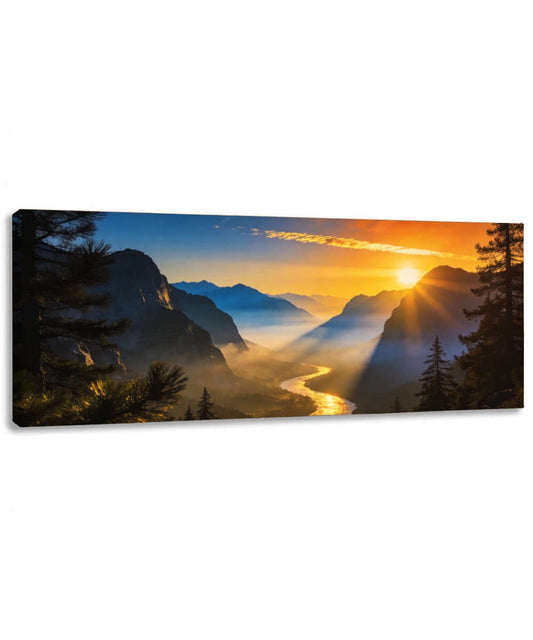 Canvas Schilderij Panorama Bergvallei Zonsopgang