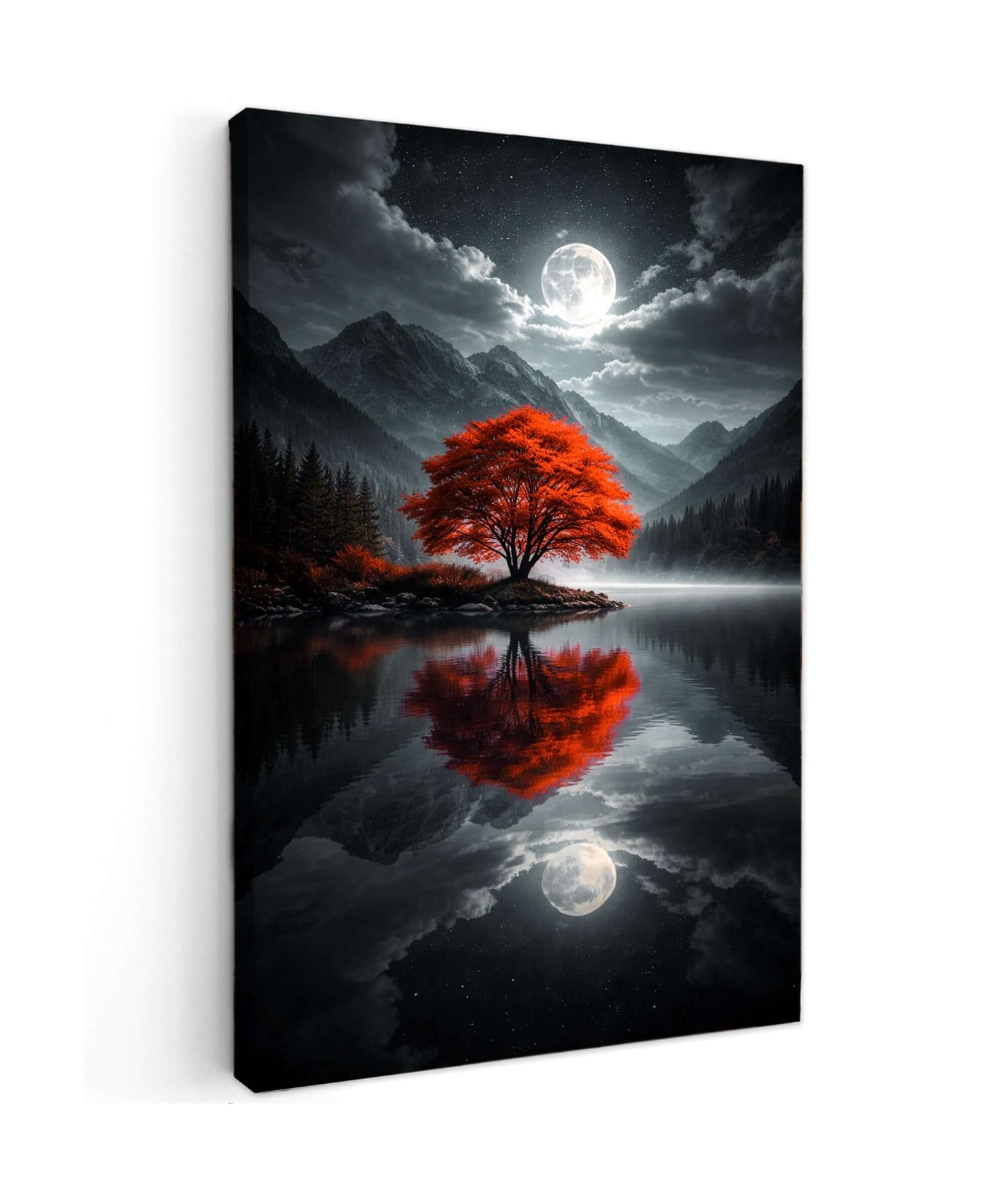 Canvas Schilderij Rode Boom Volle Maan