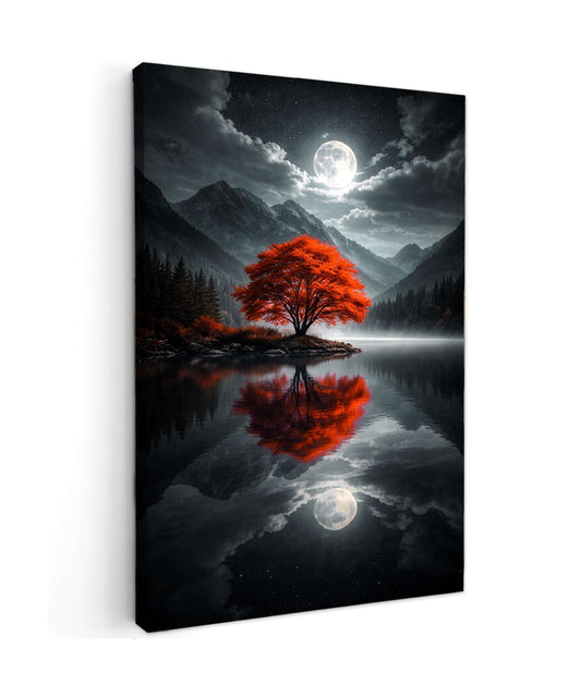 Canvas Schilderij Rode Boom Volle Maan