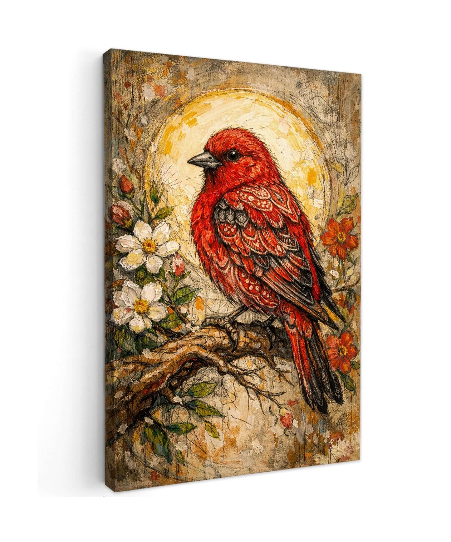 Canvas Schilderij Rode Vogel met Bloemen
