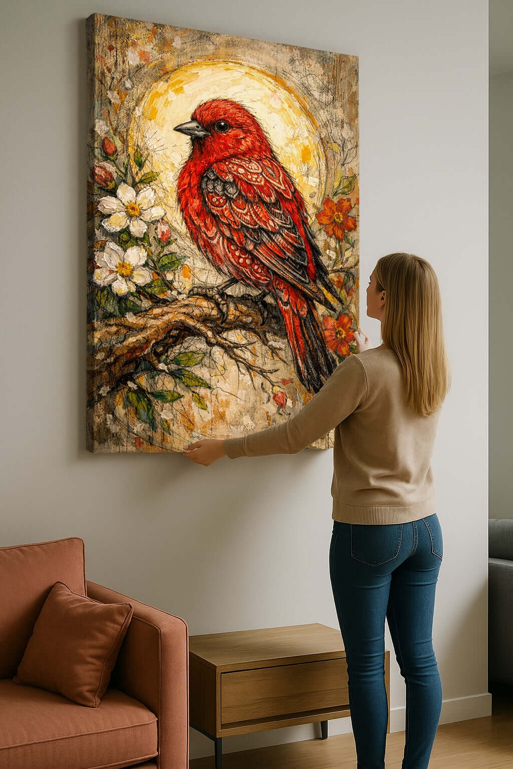 Canvas Schilderij Rode Vogel met Bloemen ophangen