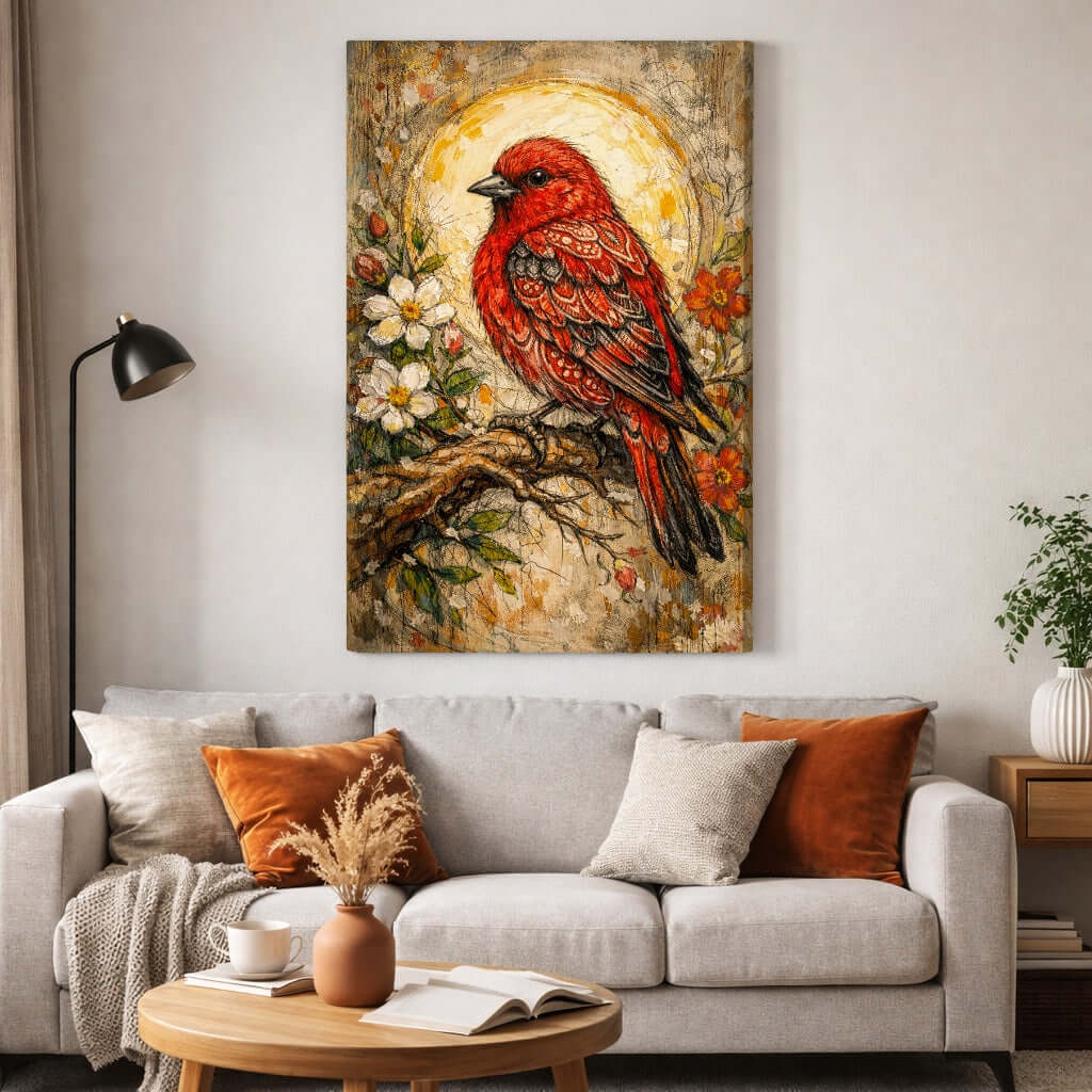 Canvas Schilderij Rode Vogel met Bloemen woonkamer