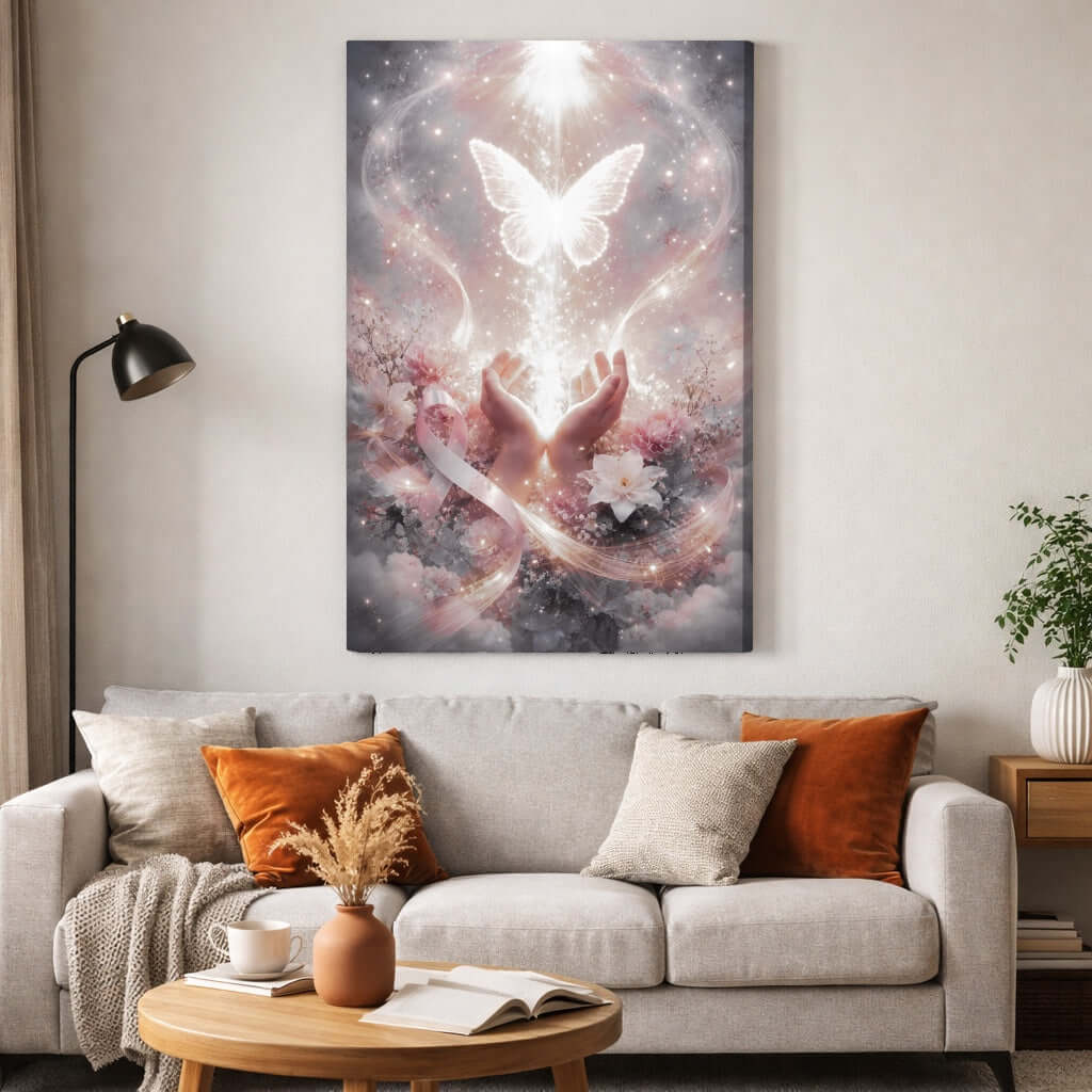 Canvas Schilderij Roze Lint Vlinder Licht Herdenking Handen woonkamer