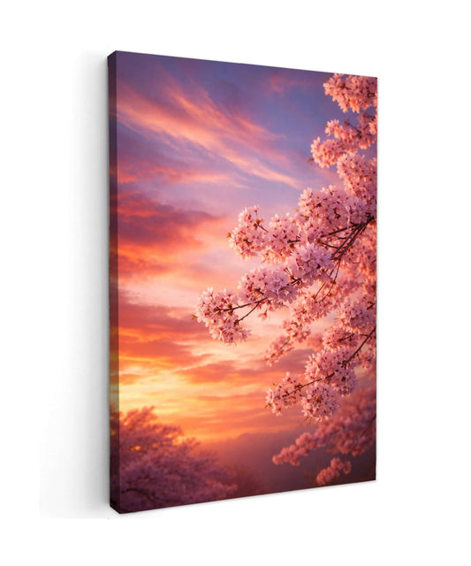 Canvas Schilderij Roze Sakura Bloesem Wolkenlandschap