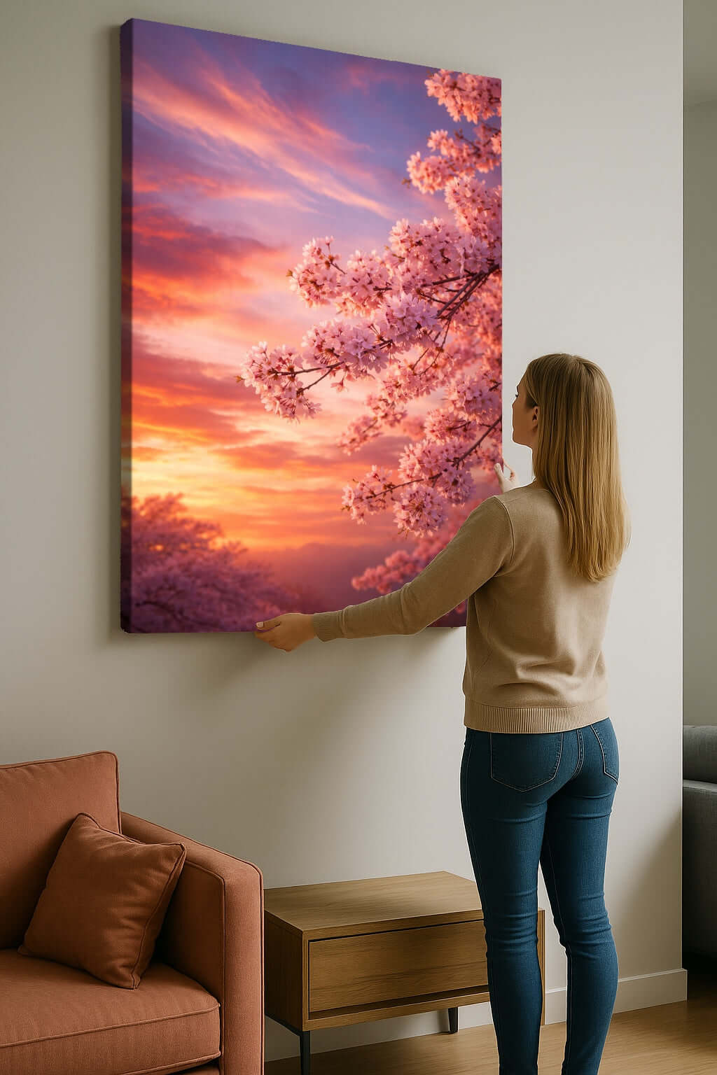 Canvas Schilderij Roze Sakura Bloesem Wolkenlandschap ophangen