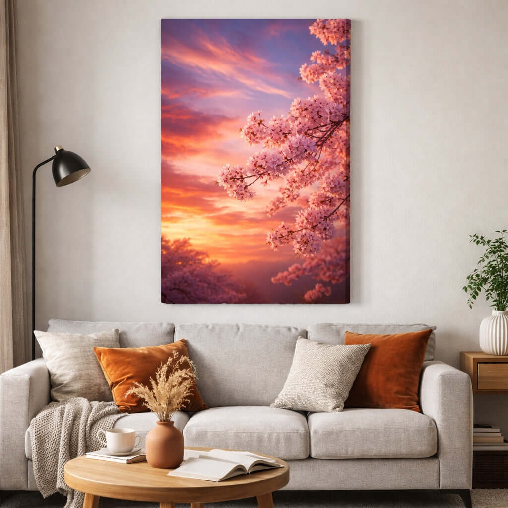 Canvas Schilderij Roze Sakura Bloesem Wolkenlandschap woonkamer