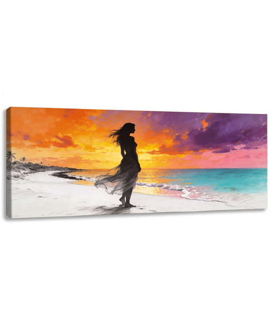 Canvas Schilderij Tropische Zonsondergang Vrouw op Strand