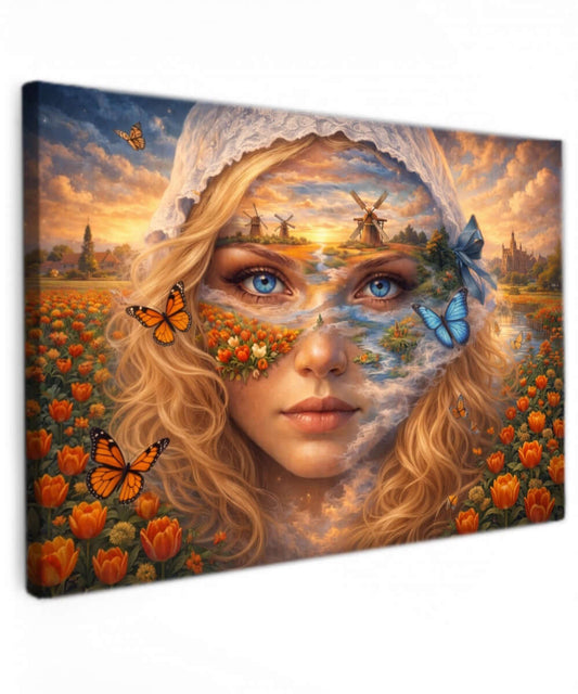 Canvas Schilderij Tulpenvelden Portret met Windmolens