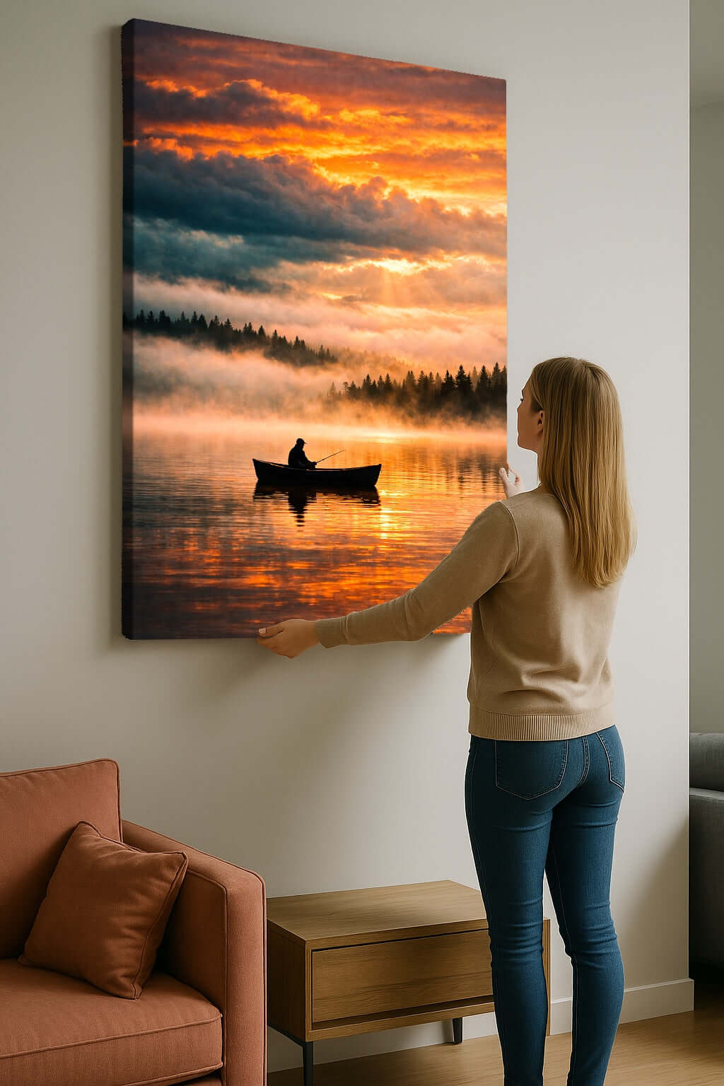 Canvas Schilderij Visser in Boot ophangen