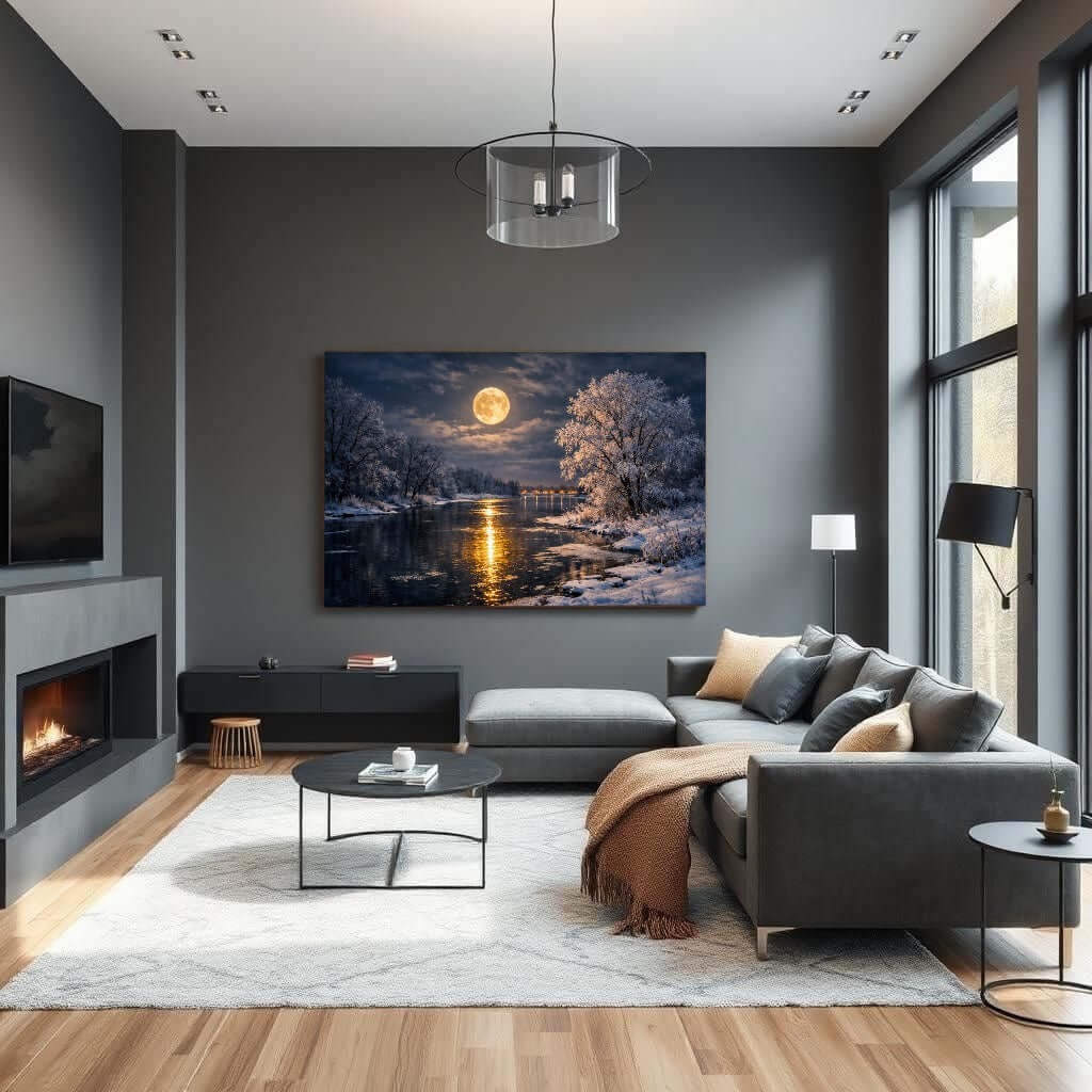 Canvas Schilderij Volle Maan Winterlandschap woonkamer