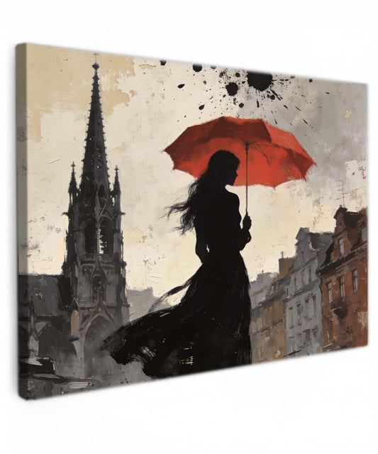Canvas Schilderij Vrouw met Rode Paraplu Gotische Kerk