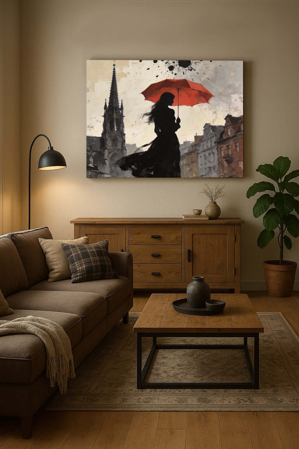 Canvas Schilderij Vrouw met Rode Paraplu Gotische Kerk woonkamer