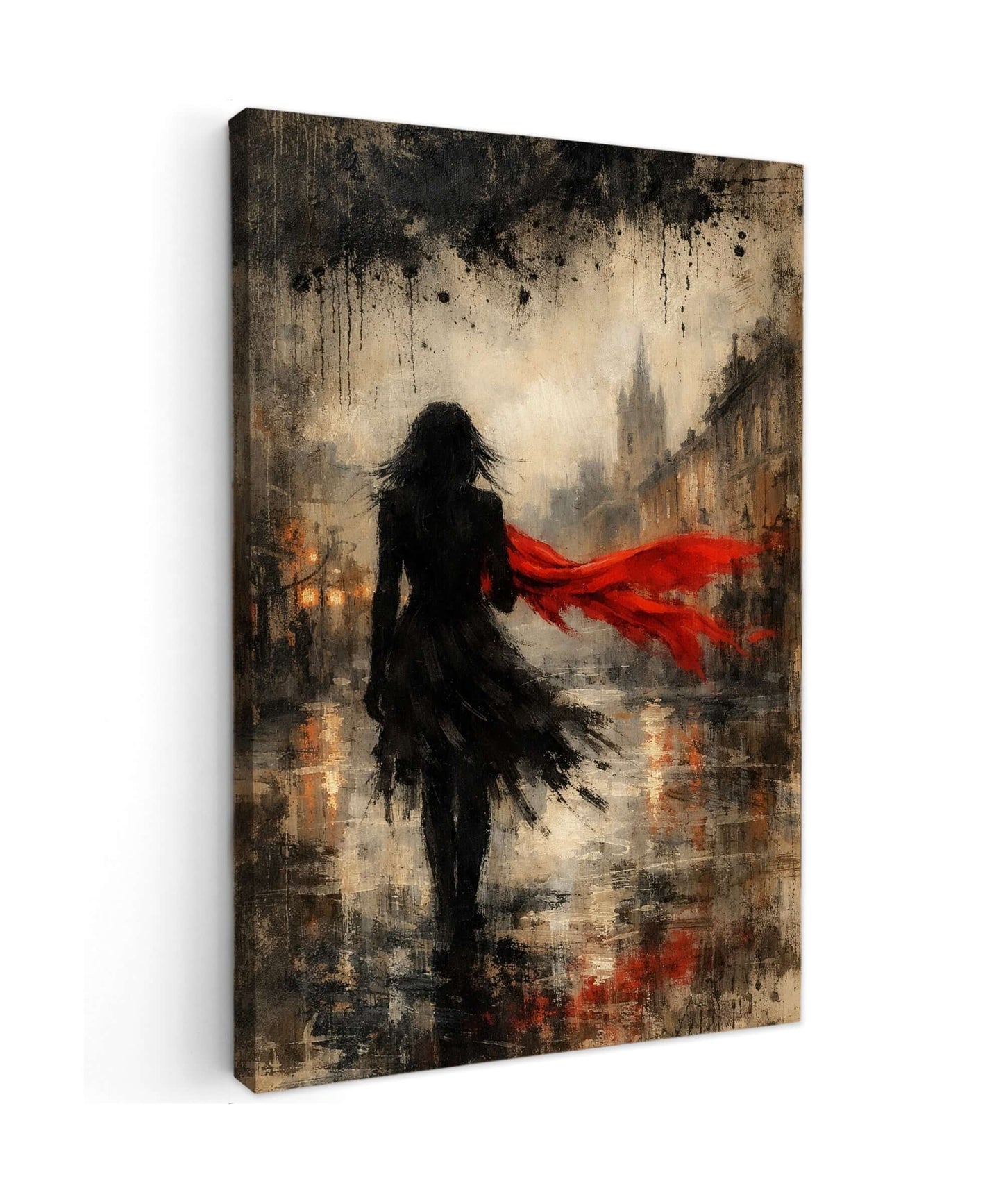 Canvas Schilderij Vrouw met Rode Sjaal Regenstad